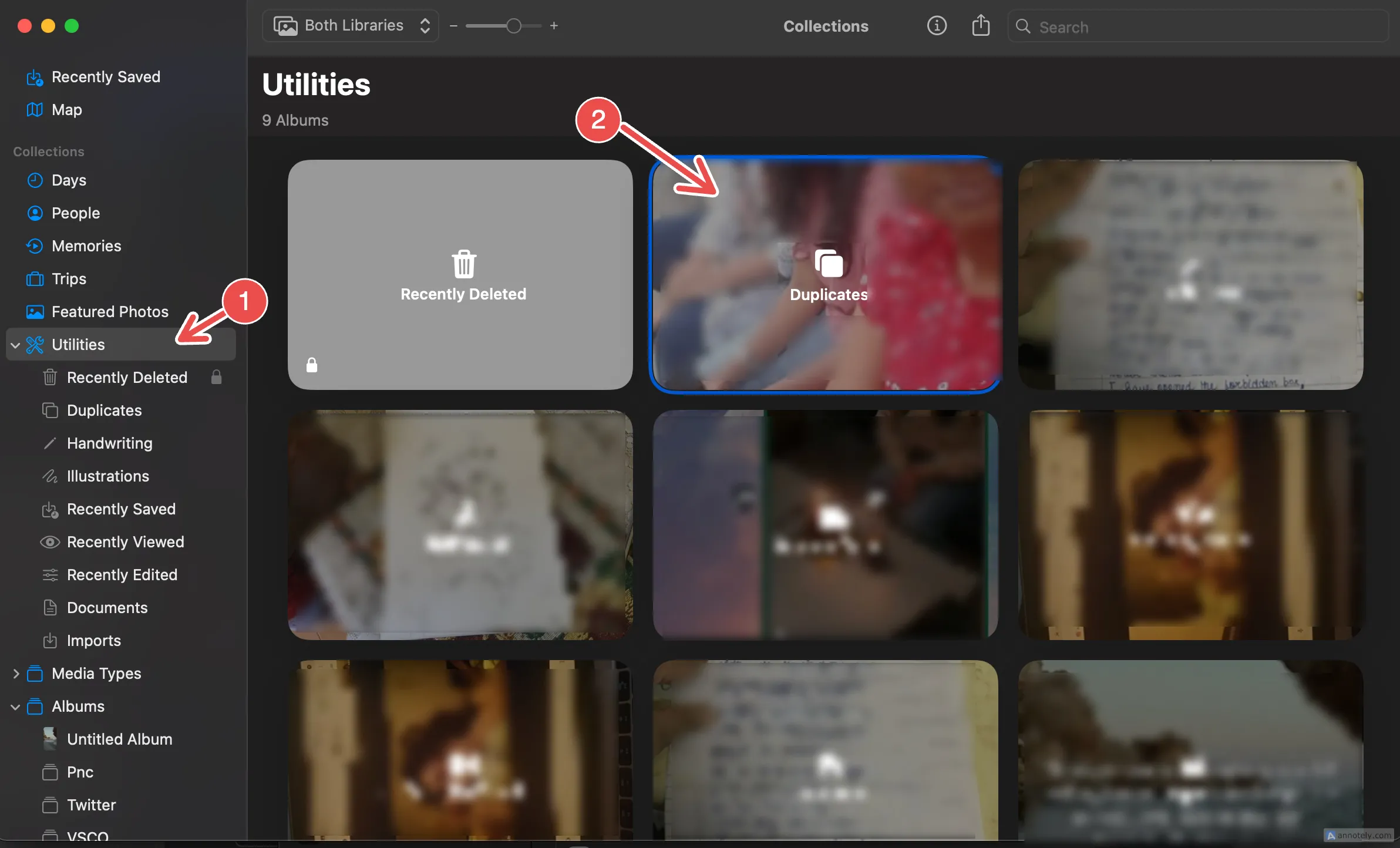 Giao diện tính năng Duplicates trong ứng dụng Photos giúp xóa ảnh trùng lặp trên Mac