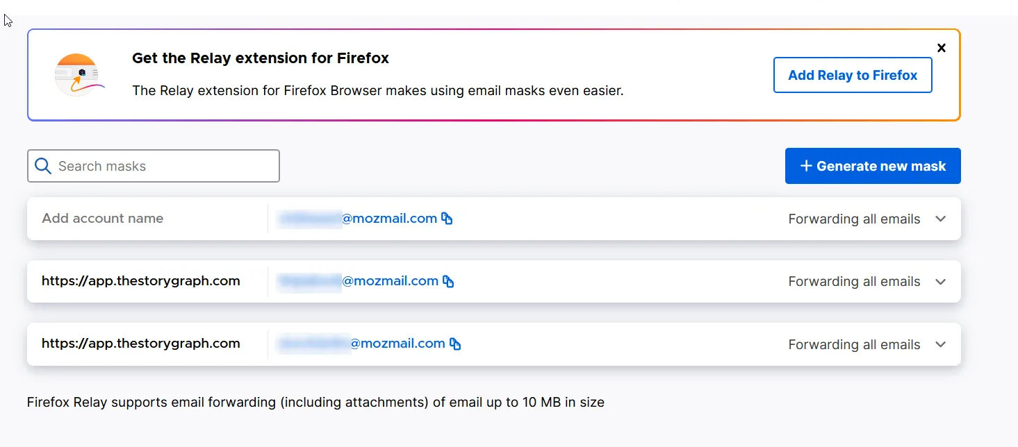 Giao diện tính năng Firefox Relay hiển thị danh sách các địa chỉ email ảo được tạo để bảo vệ thông tin cá nhân của người dùng khi đăng ký trực tuyến.