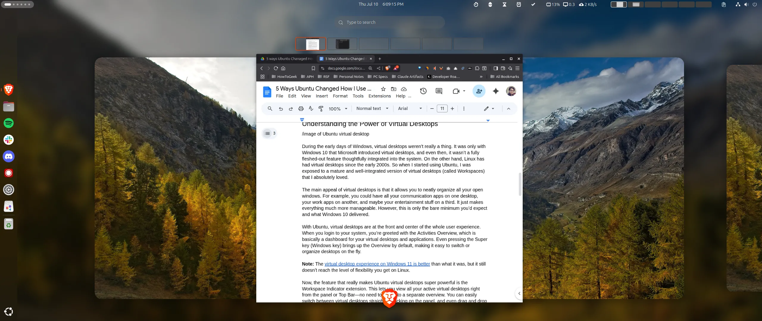 Giao diện tổng quan Activities Overview của Ubuntu, hiển thị các màn hình nền ảo đang hoạt động