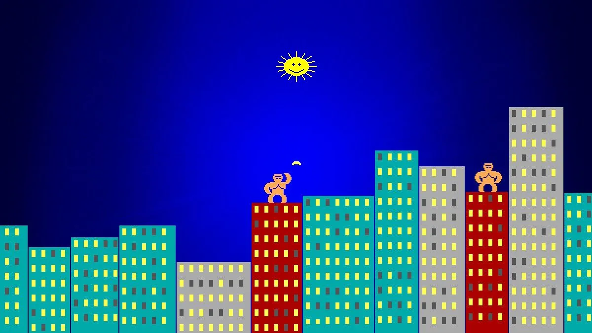 Giao diện trò chơi GORILLA.BAS trên MS-DOS QBasic, minh họa các game cổ điển trên hệ điều hành này.