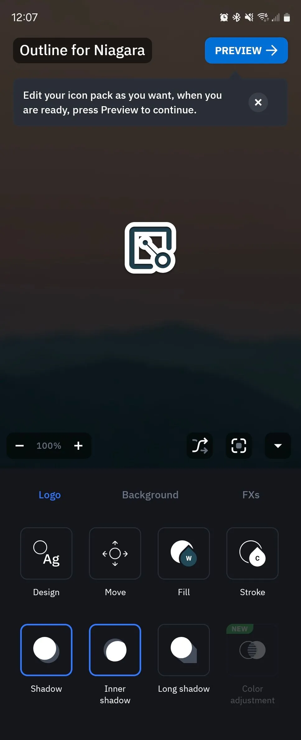 Giao diện tùy chọn chỉnh sửa chi tiết gói biểu tượng trong Icon Pack Studio, cho phép thay đổi hiệu ứng và màu sắc