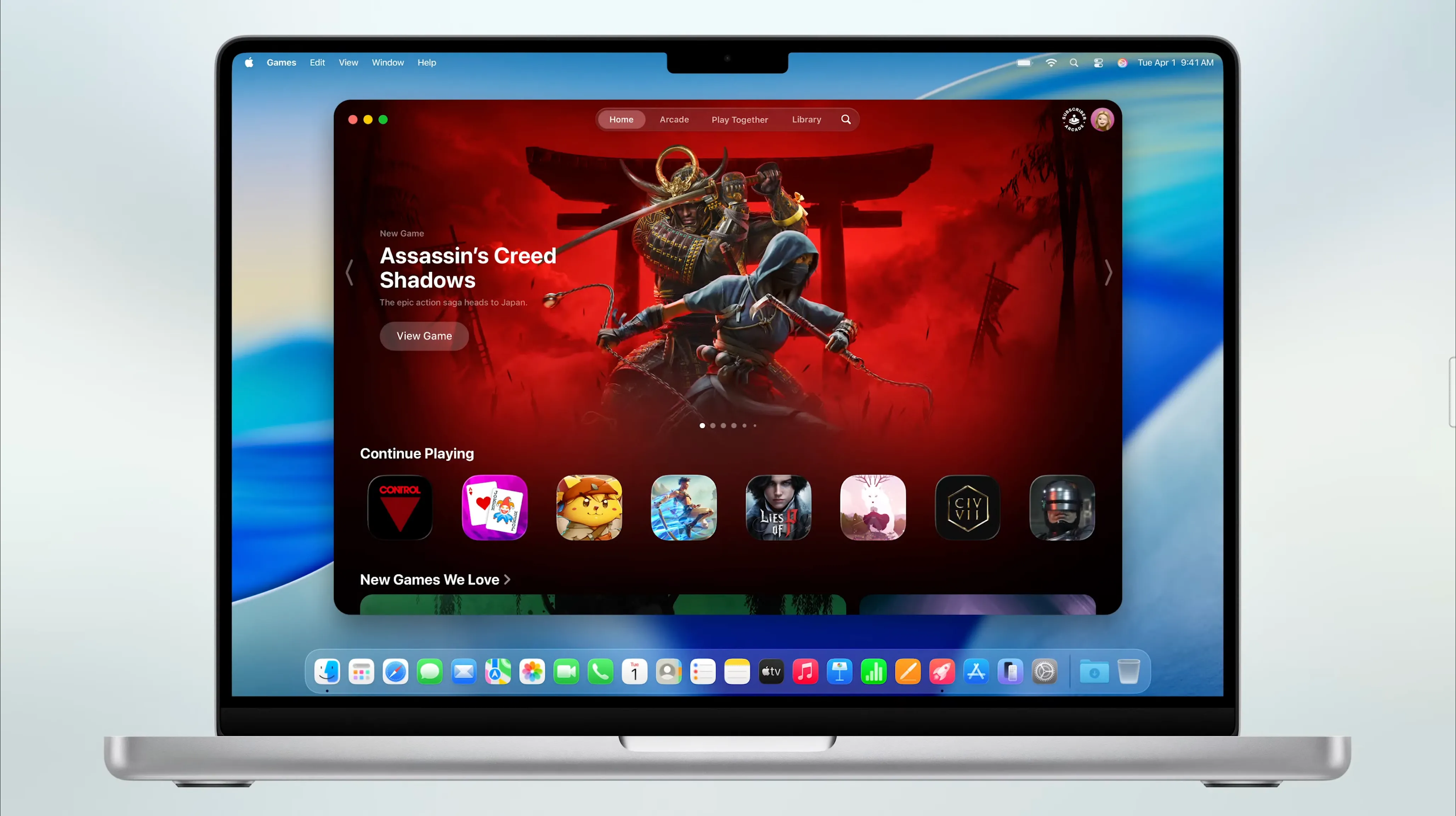 Giao diện ứng dụng Games mới trên macOS 26 Tahoe hiển thị thư viện trò chơi.