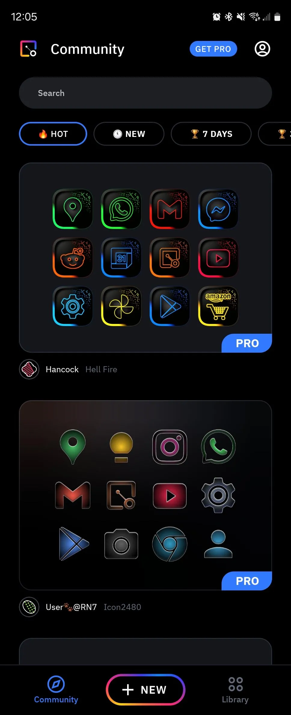 Giao diện ứng dụng Icon Pack Studio hiển thị các gói biểu tượng đa dạng có sẵn để tải về