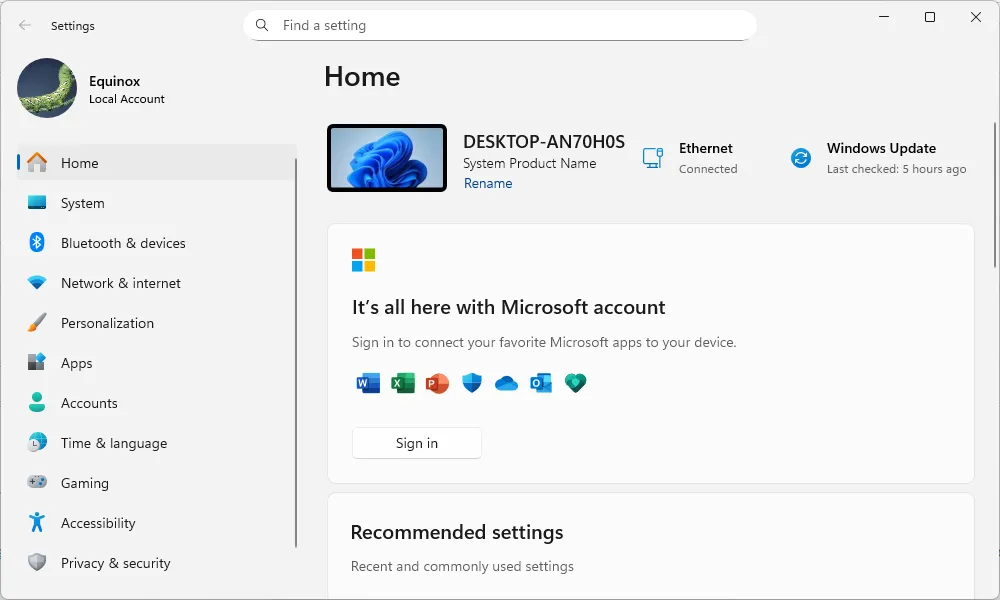 Giao diện ứng dụng Settings (Cài đặt) trên Windows 11 với thiết kế hiện đại và các tùy chọn được sắp xếp lại, mang lại trải nghiệm người dùng tốt hơn.