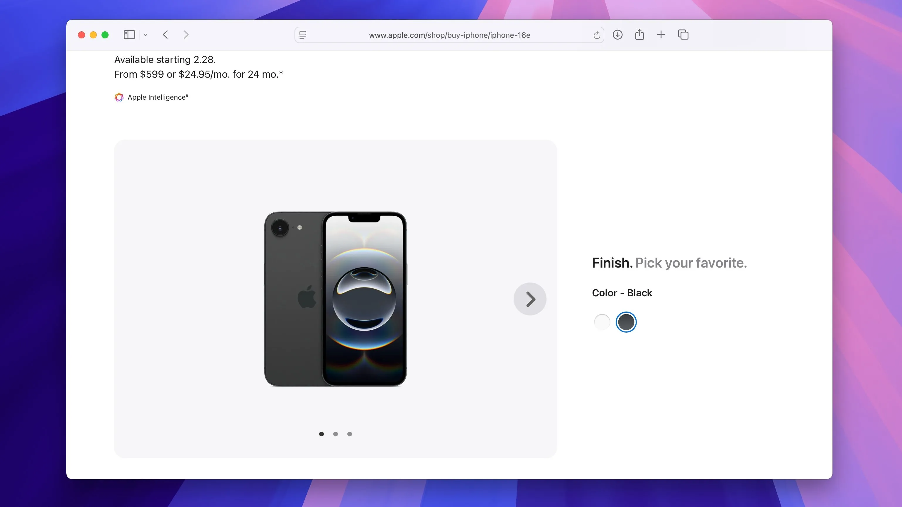 Giao diện website Apple Store hiển thị tùy chọn màu sắc của iPhone 16e với hai màu đen và trắng