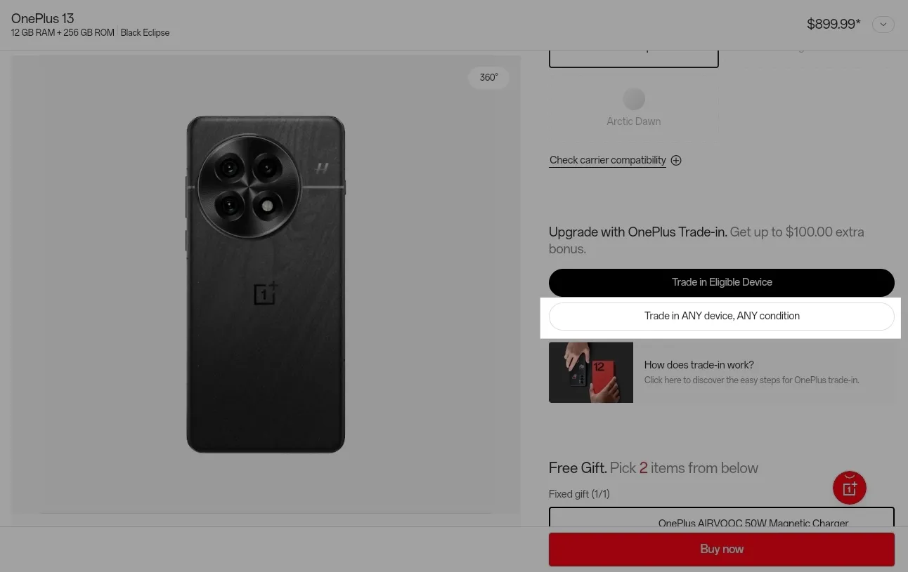 Giao diện website OnePlus hiển thị chương trình đổi cũ lấy mới, chấp nhận bất kỳ điện thoại nào trong bất kỳ tình trạng nào, minh họa lựa chọn trade-in điện thoại cũ.