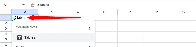 Gõ &quot;@Tables&quot; vào ô bất kỳ để truy cập các mẫu bảng dựng sẵn trong Google Sheets