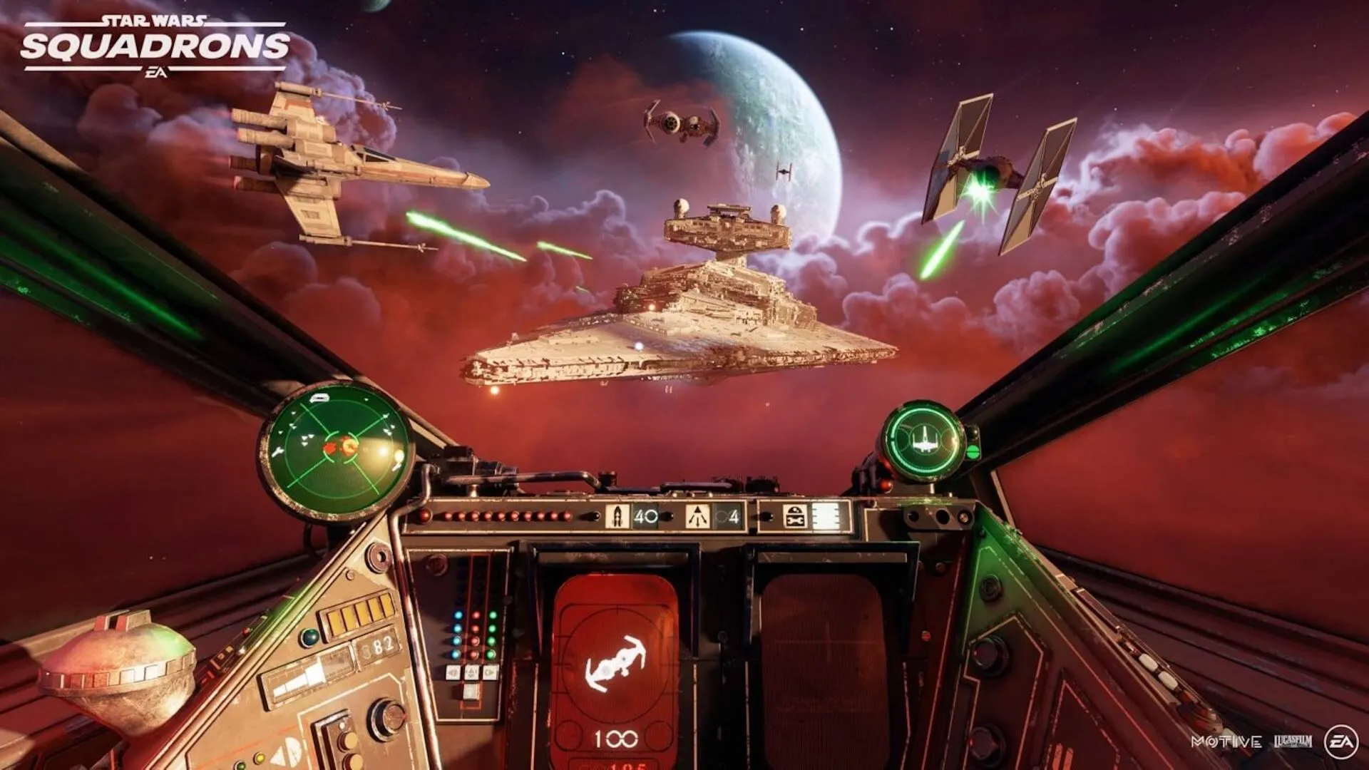 Góc nhìn từ buồng lái của một chiếc X-wing trong trận chiến với các TIE fighter và một Star Destroyer trong Star Wars Squadrons.