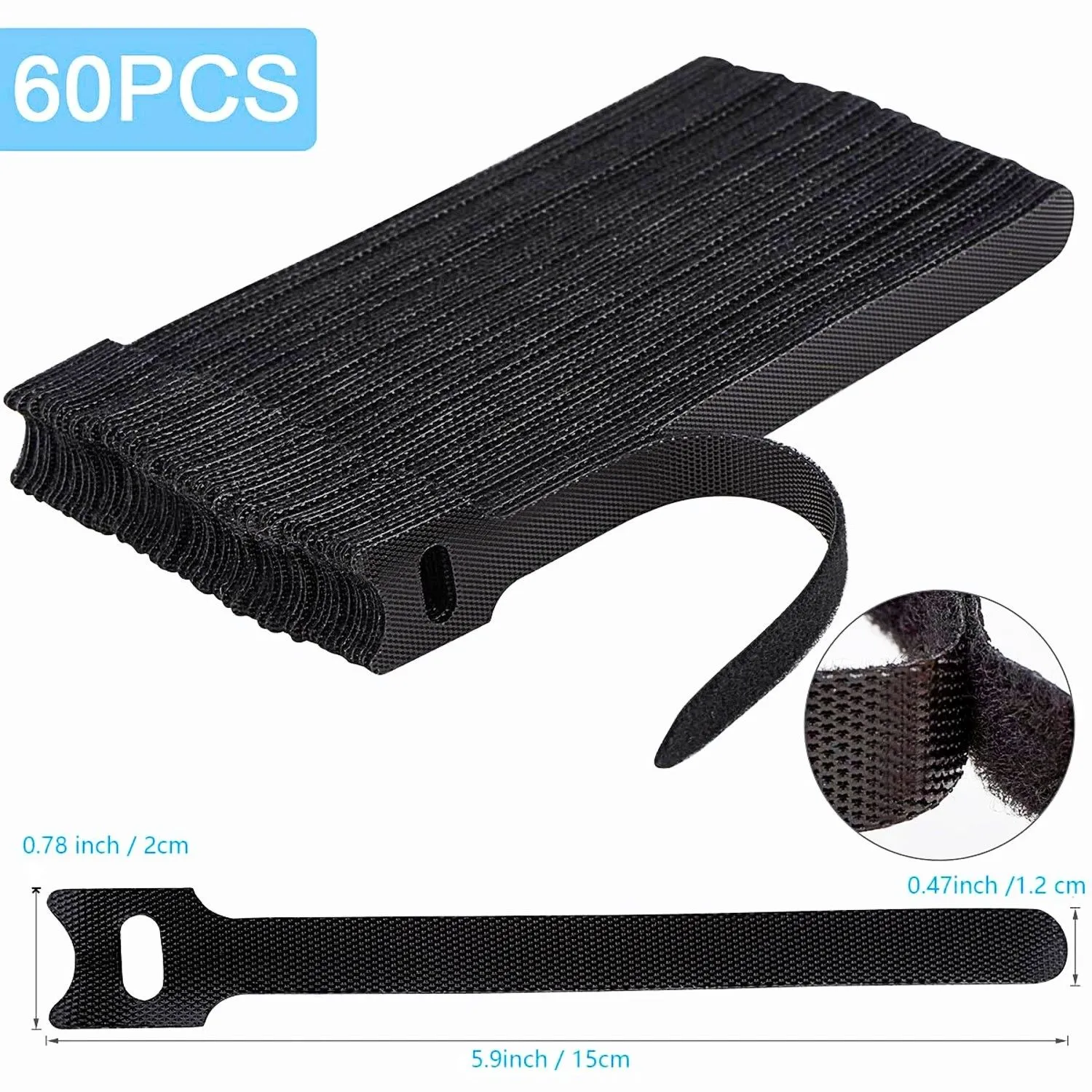 Gói 60 chiếc dây buộc cáp tái sử dụng Nettbe 6 inch màu đen trên nền trắng, lý tưởng để tổ chức các loại dây.