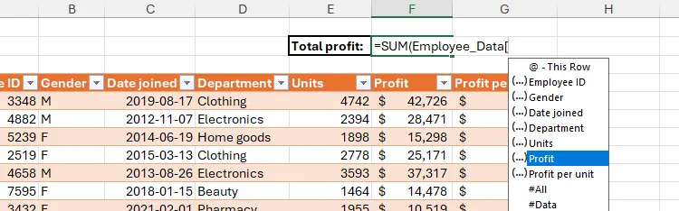 Gợi ý trong Excel với tên cột sẽ được thêm vào công thức