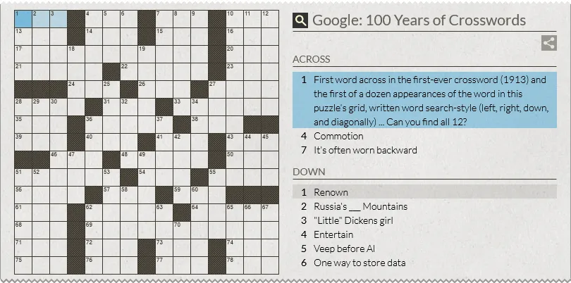 Google Doodle ô chữ kỷ niệm 100 năm trò chơi