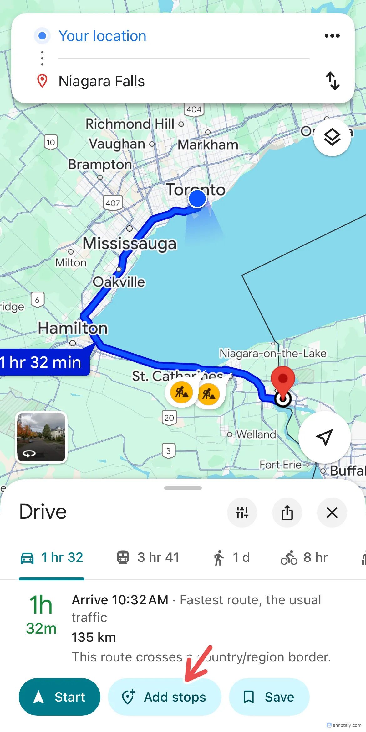 Google Maps tính toán lại thời gian lái xe sau khi thêm điểm dừng