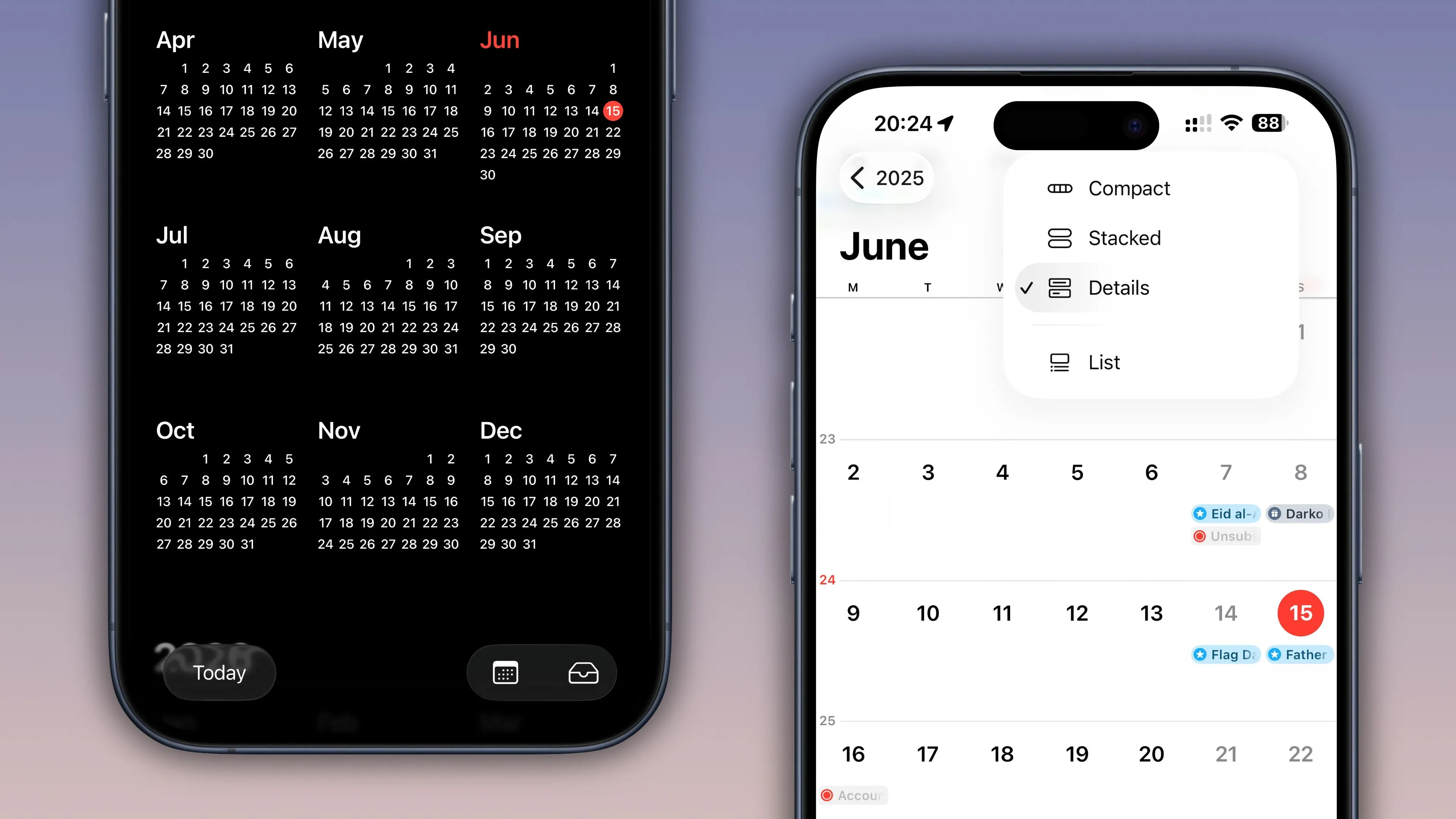 Hai ảnh chụp màn hình iPhone hiển thị ứng dụng Lịch trên iOS 26 với chế độ xem năm và menu.
