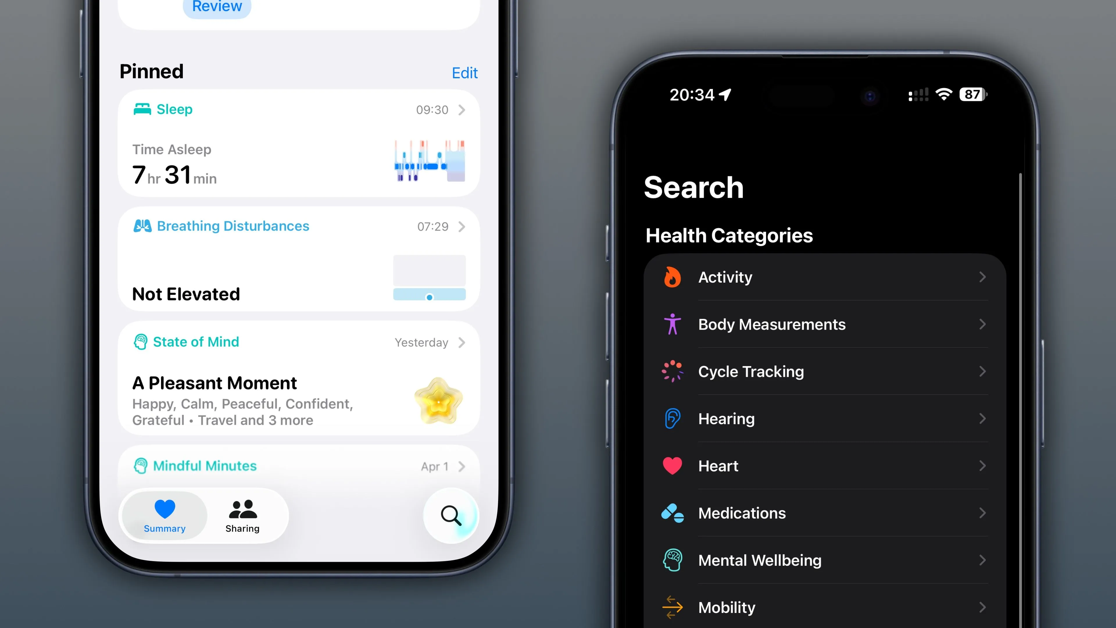 Hai ảnh chụp màn hình iPhone minh họa ứng dụng Sức khỏe trên iOS 26, hiển thị phần tóm tắt và tìm kiếm dữ liệu.