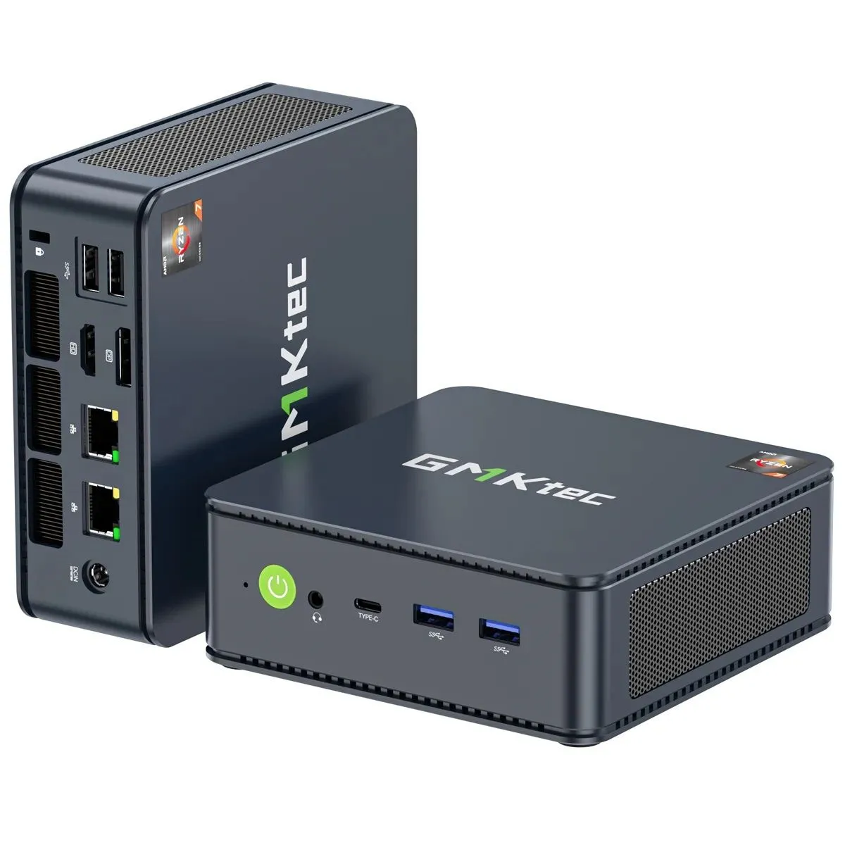 Hai chiếc Mini PC GMKtec M5 Plus màu đen và xanh trên nền trắng, nổi bật với thiết kế nhỏ gọn