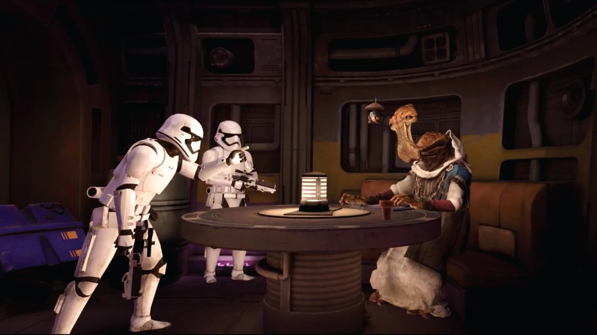 Hai Stormtrooper quở trách Dok-Ondar trong game VR Star Wars: Tales from the Galaxy.