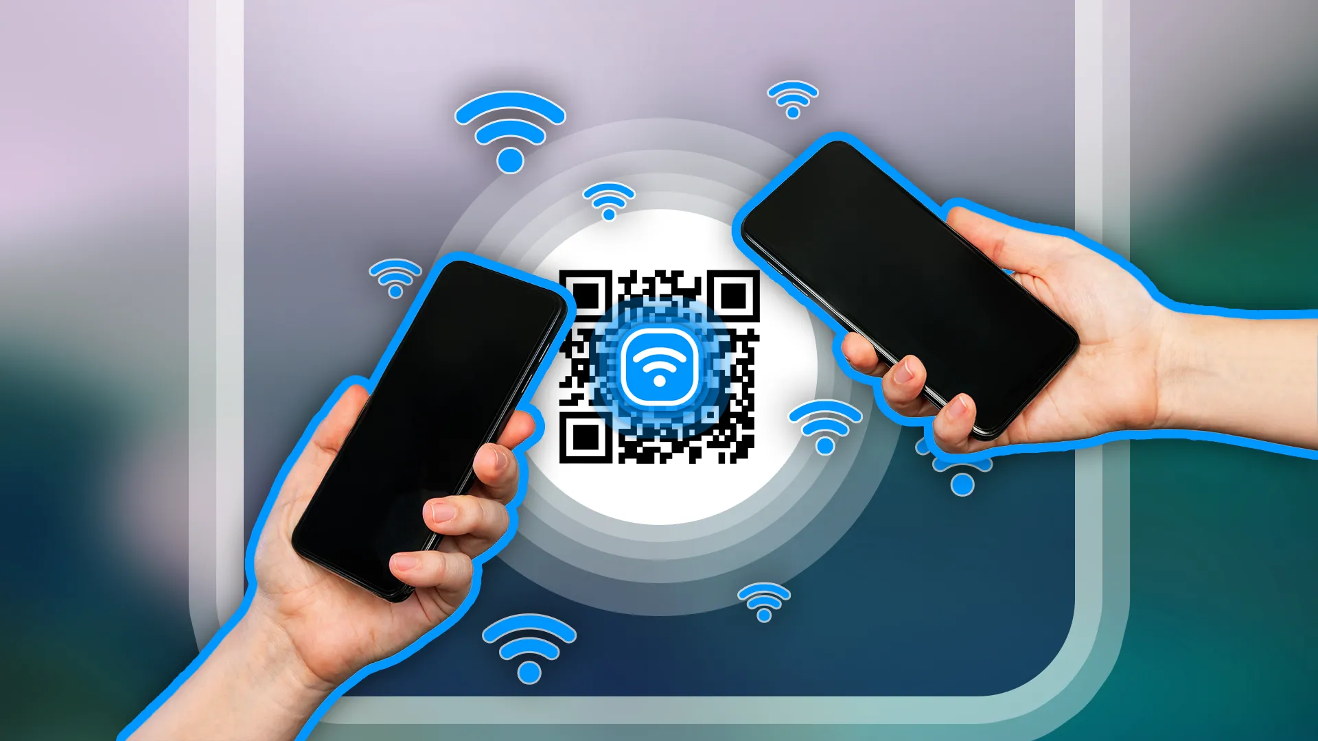 Hai tay cầm điện thoại Android đang quét mã QR, biểu tượng Wi-Fi xuất hiện cho thấy khả năng kết nối nhanh chóng