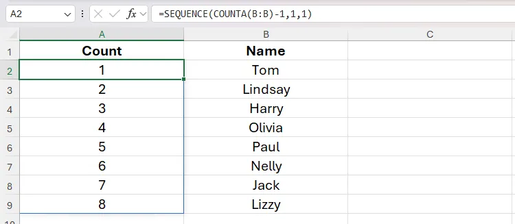 Hàm SEQUENCE và COUNTA tạo số thứ tự trong vùng dữ liệu thông thường