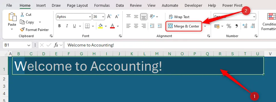 Hàng tiêu đề trong bảng tính Excel được chọn, và tính năng &quot;Merge And Center&quot; trên tab Home được tô sáng.