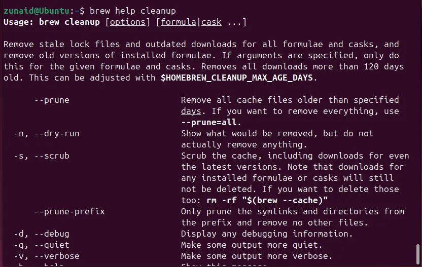 Hiển thị phần trợ giúp chi tiết cho lệnh 'brew cleanup' trong terminal Linux, cung cấp thông tin về cách sử dụng và các tùy chọn liên quan.