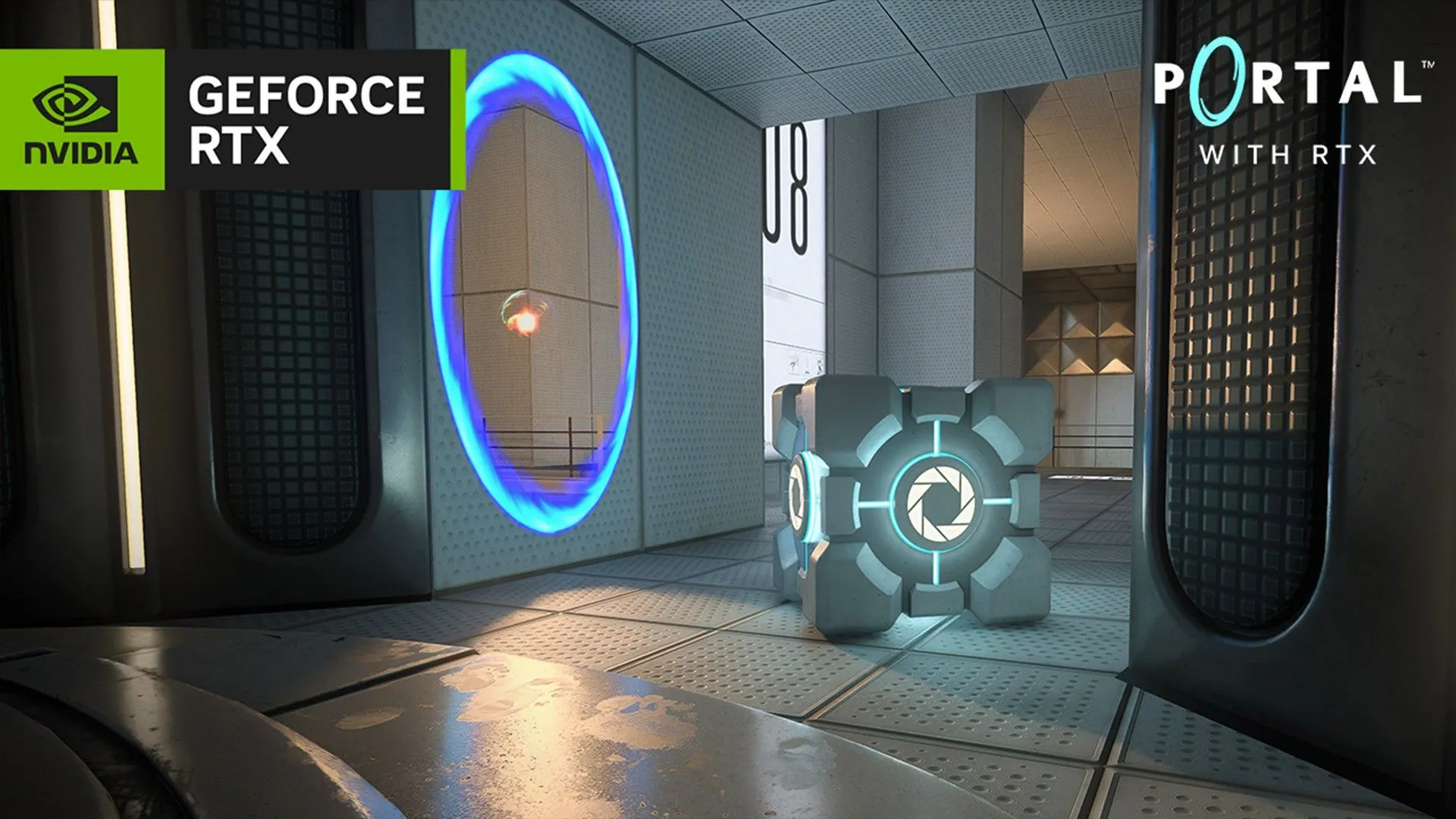 Hiệu ứng ánh sáng ray tracing chân thực trên một khối lập phương bên cạnh cổng dịch chuyển màu xanh trong game Portal, minh họa khả năng của NVIDIA RTX Remix.