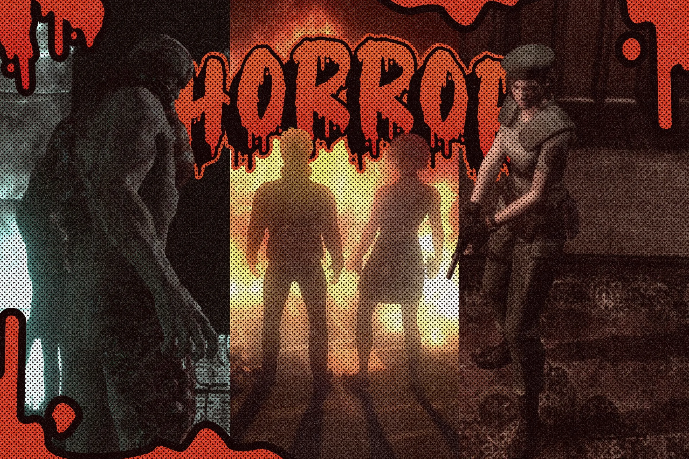 Hình ảnh chia ba màn hình với các cảnh game kinh dị, cùng dòng chữ &quot;horror&quot; ở giữa, minh họa sự hiện diện của yếu tố kinh dị bất ngờ trong game Indiana Jones và Vòng Tròn Lớn