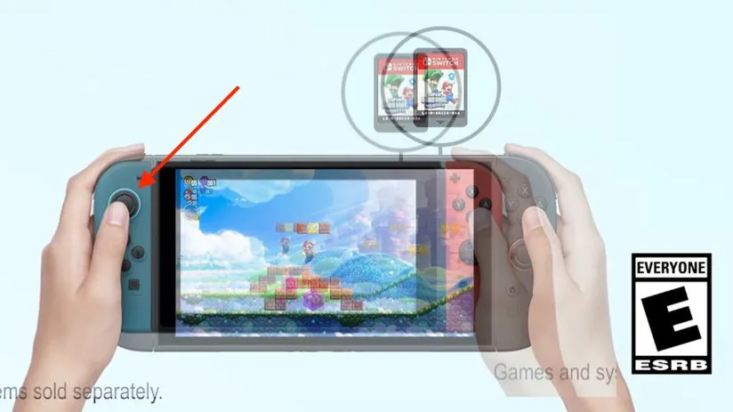 Hình ảnh chồng lớp so sánh cần analog của Nintendo Switch và Switch 2, cho thấy kích thước tương đồng đáng lo ngại về công thái học.