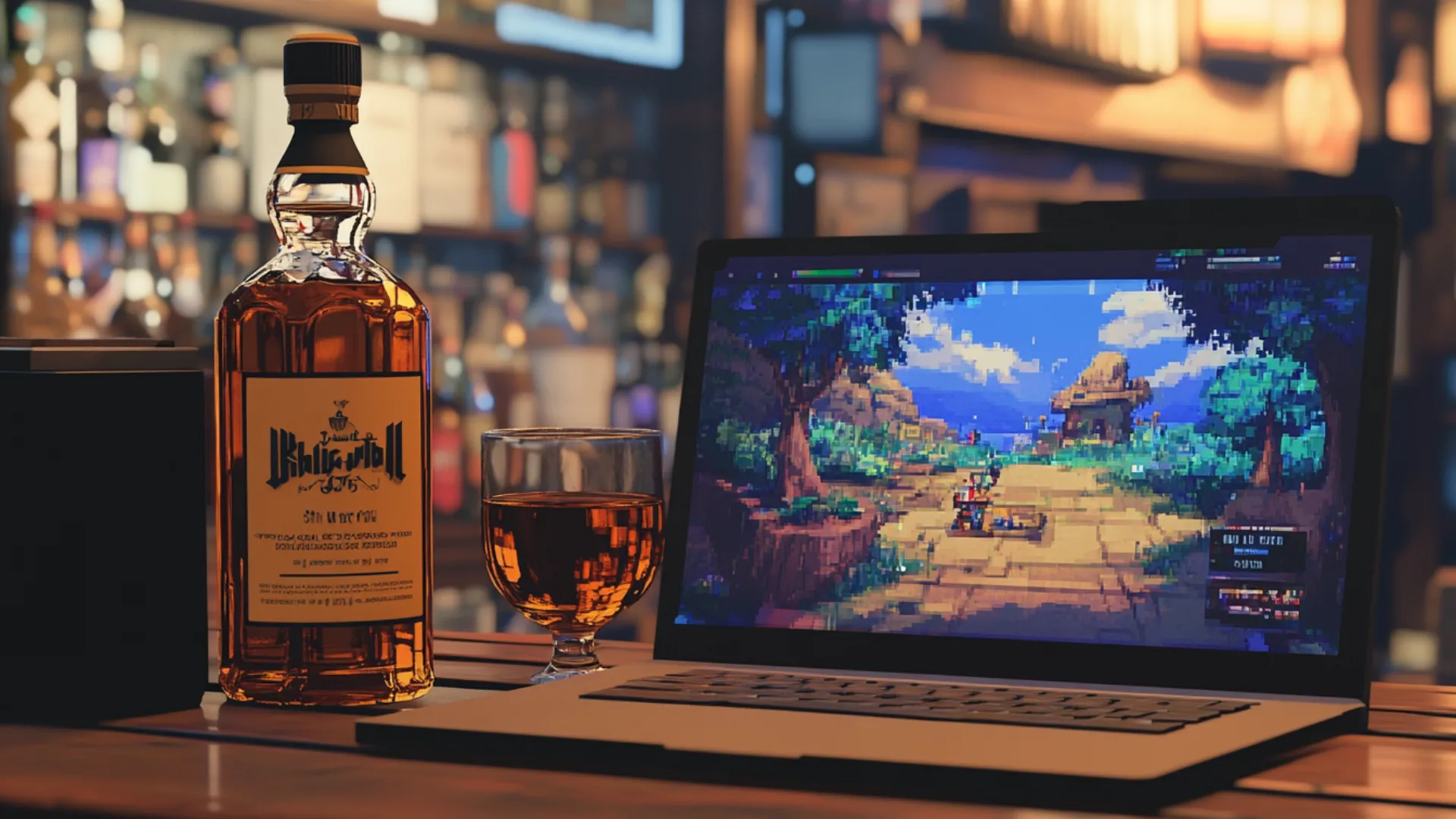 Hình ảnh đồ họa pixel một chiếc MacBook cạnh chai rượu Whiskey trên bàn, màn hình MacBook hiển thị game
