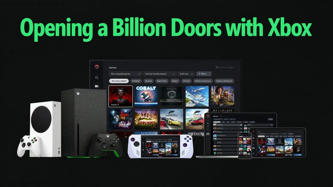 Hình ảnh hiển thị một loạt các thiết bị có thể chơi hoặc stream game Xbox