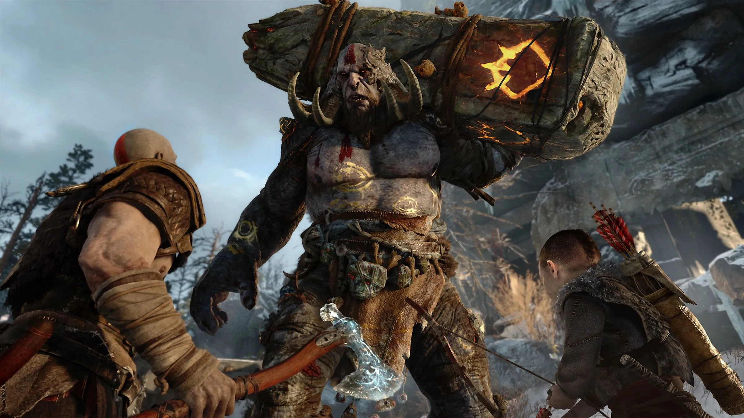 Hình ảnh Kratos và Atreus đối đầu quái vật trong game God of War, minh chứng cho các tựa game độc quyền PlayStation chất lượng cao.