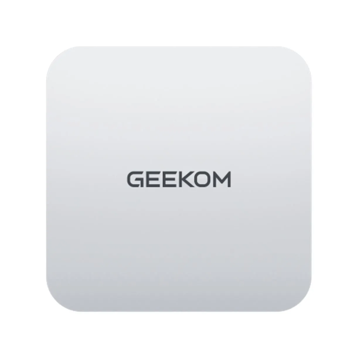 Hình ảnh Mini PC GEEKOM A6 màu bạc với vỏ nhôm sang trọng, nhìn từ phía trên, đặt trên nền trắng