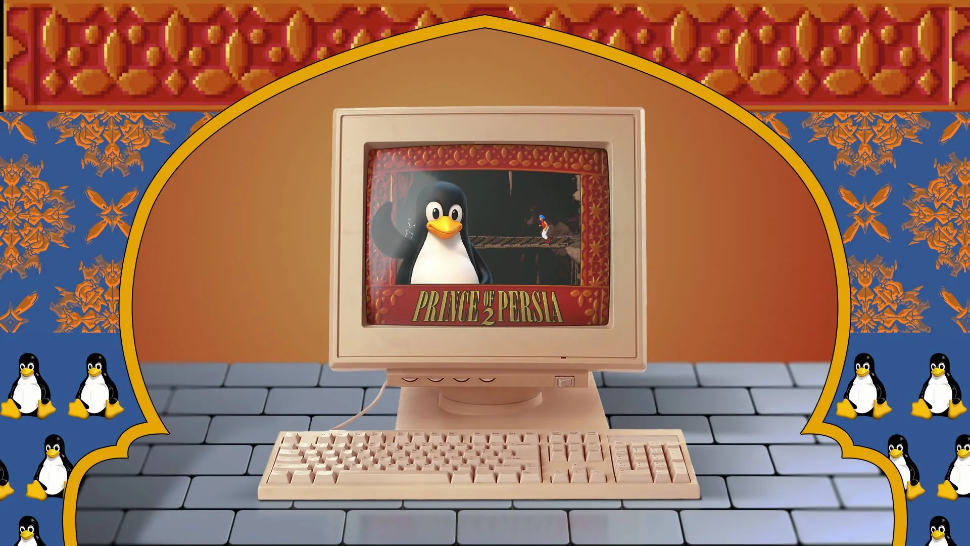 Hình ảnh nhân vật Prince of Persia và linh vật Tux của Linux, thể hiện khả năng chơi game Windows cổ điển trên Linux với Minigalaxy.