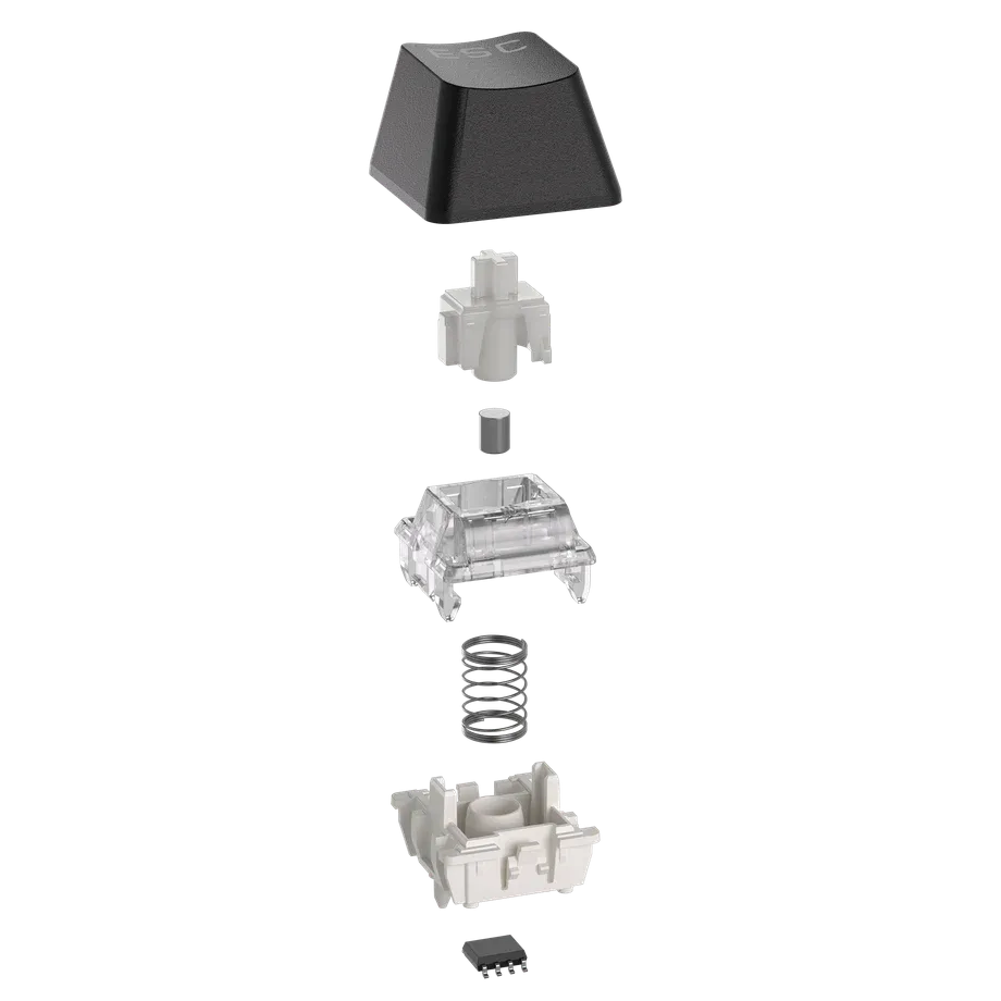 Hình ảnh phân rã cấu tạo bên trong của một switch bàn phím Hall Effect với cảm biến từ tính
