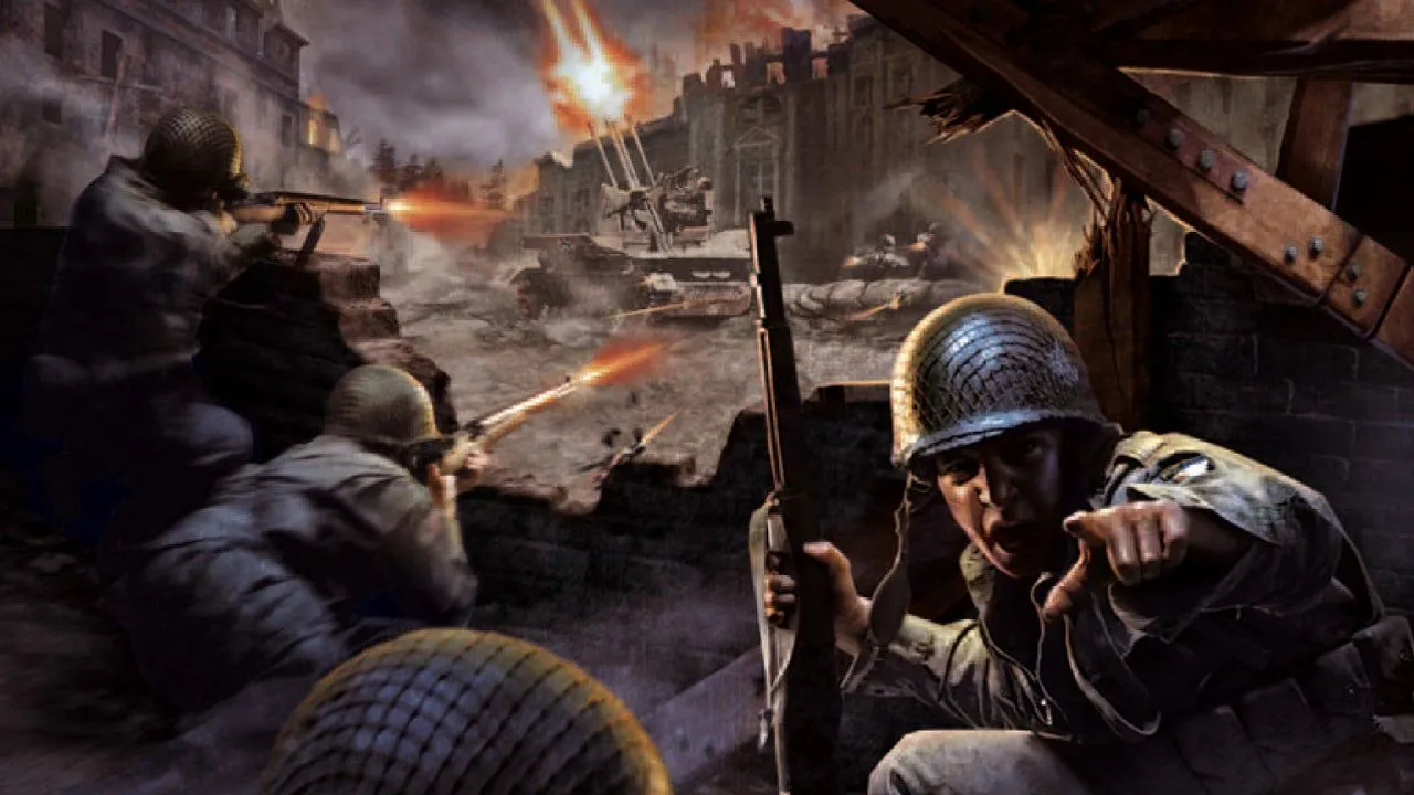 Hình ảnh quảng bá cho game Call of Duty (2003) với nhóm binh lính Mỹ trên chiến trường, thể hiện bối cảnh Thế chiến II khốc liệt.