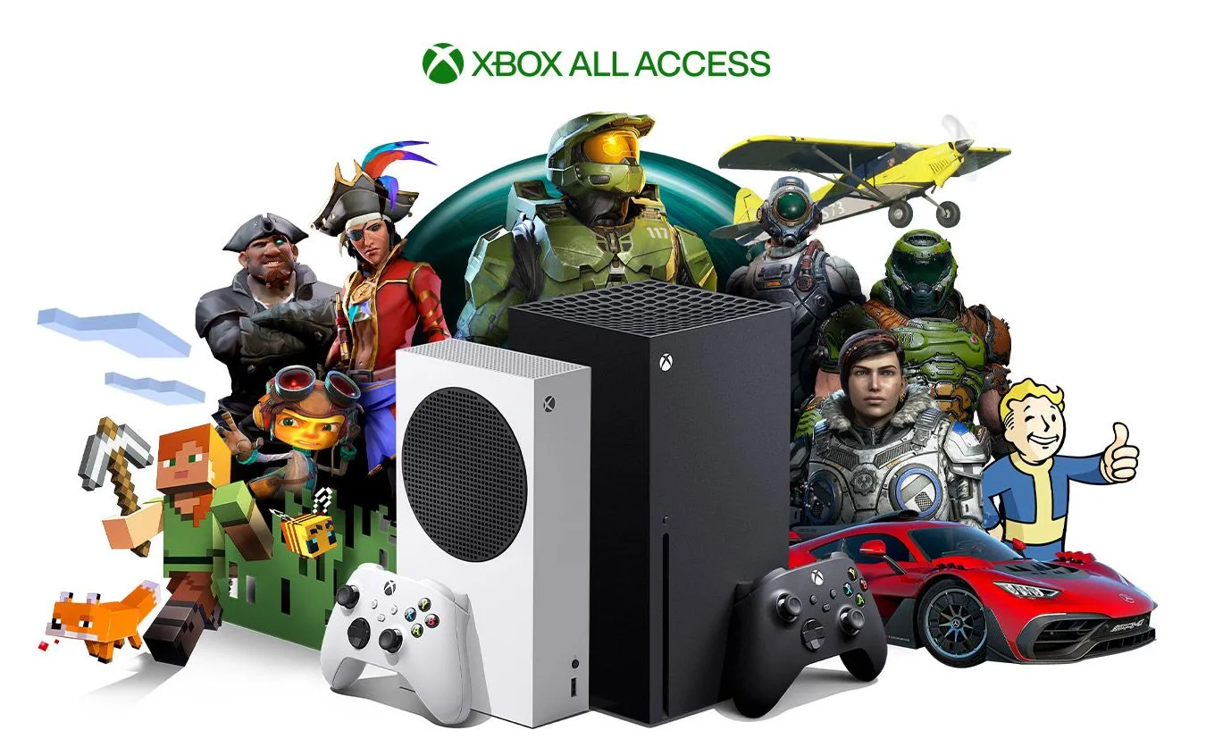 Hình ảnh quảng bá Game Pass với các tựa game nổi tiếng của Xbox như Halo, Minecraft, Doom và Fallout, thể hiện sự đa dạng thư viện trò chơi.