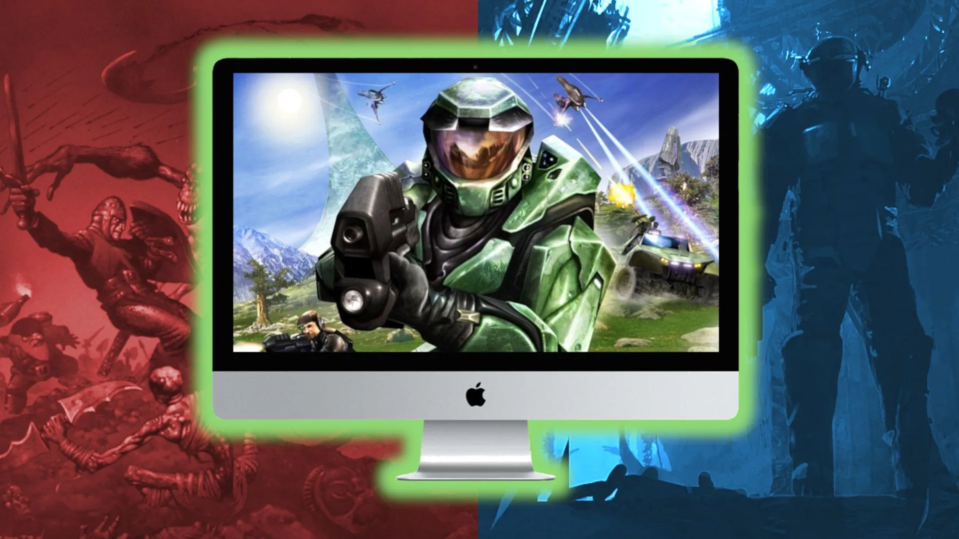 Hình ảnh quảng cáo game Halo trên Mac, thể hiện sự hợp tác ban đầu giữa Bungie và Apple