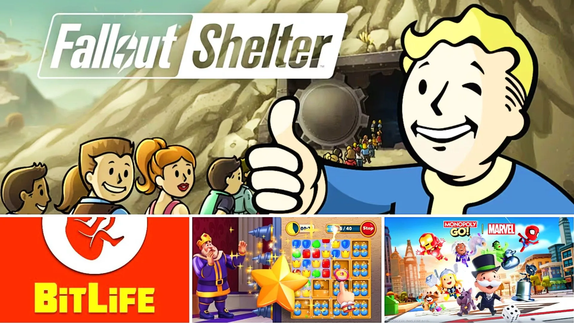Hình ảnh tổng hợp các nhân vật tiêu biểu từ nhiều game di động như Pip-Boy của Fallout Shelter, nhân vật từ BitLife, Royal Match và Monopoly GO, tượng trưng cho thế giới game mobile.