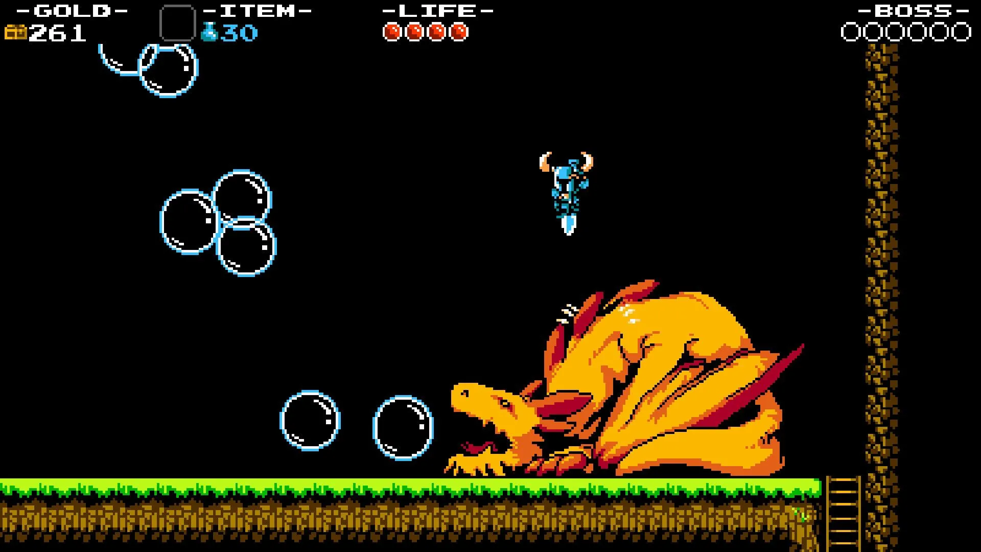 Hình ảnh trong game Shovel Knight, minh họa trận đấu trùm với rồng bong bóng, cho thấy trải nghiệm game pixel art sống động trên Switch Lite