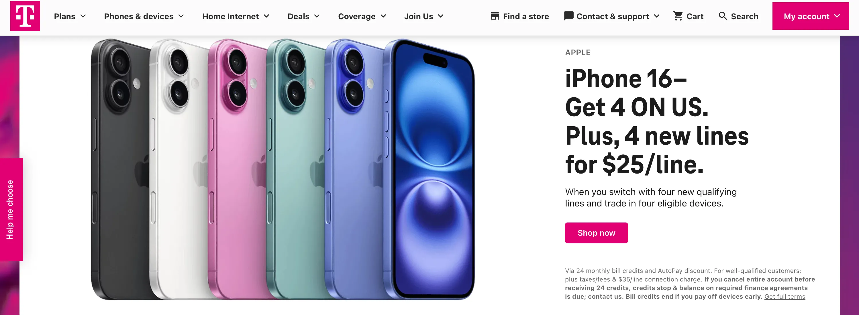 Hình ảnh ưu đãi iPhone 16 trên trang chủ T-Mobile, minh họa cần đọc kỹ điều khoản