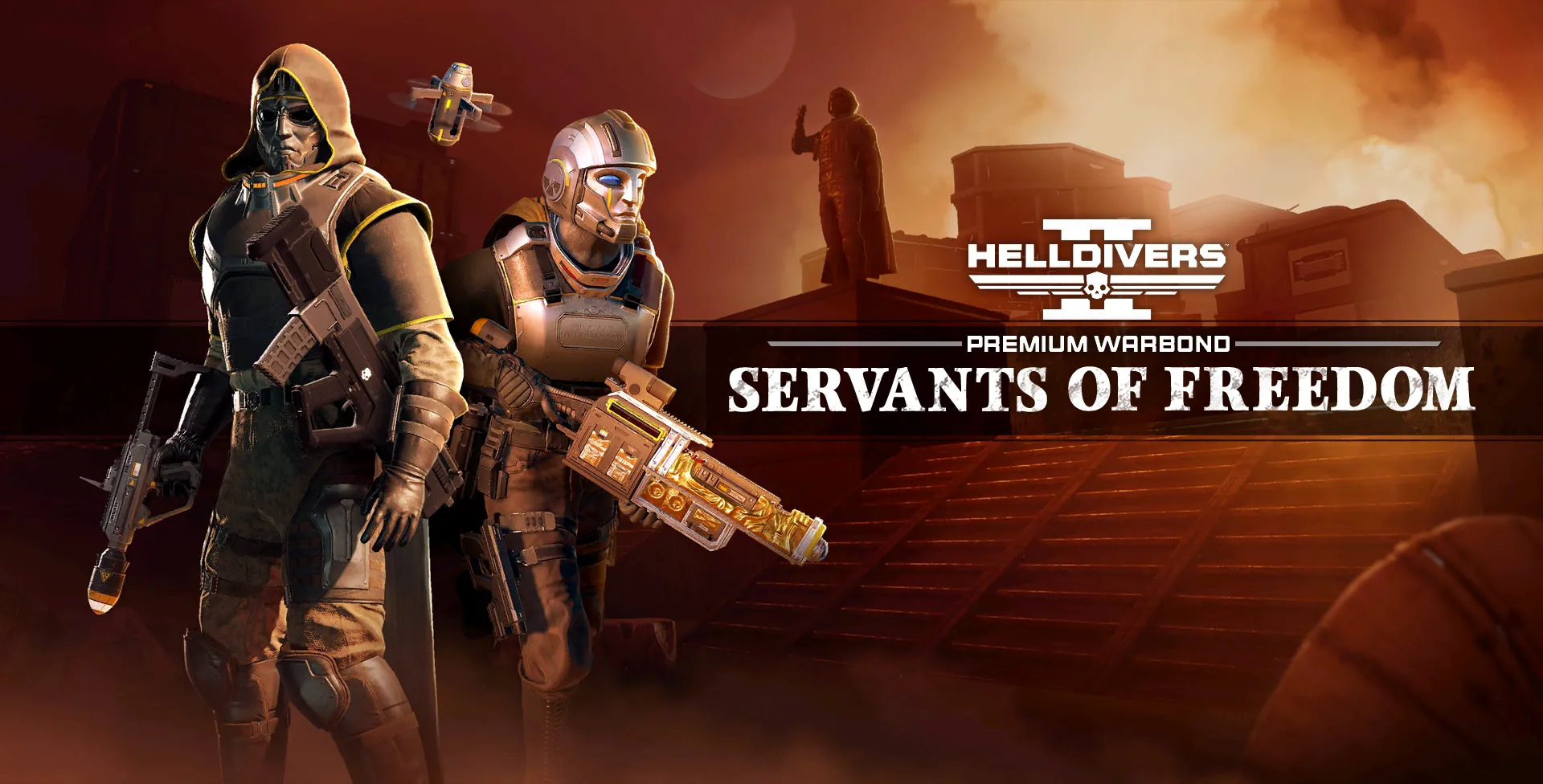 Hình ảnh Warbond Servants of Freedom trong Helldivers 2, tập trung vào sức mạnh hủy diệt và tinh thần tự do.