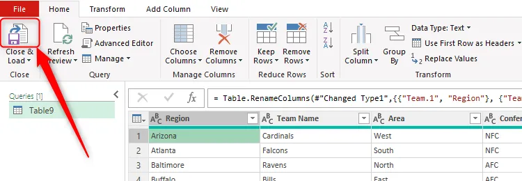 Hoàn tất quy trình bằng cách chọn Close And Load trong Power Query Editor Excel