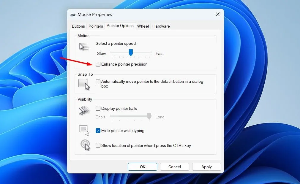 Hộp kiểm &quot;Enhance Pointer Precision&quot; trong tab &quot;Pointer Options&quot; của Control Panel, đã bỏ chọn để tắt tính năng tăng tốc chuột.