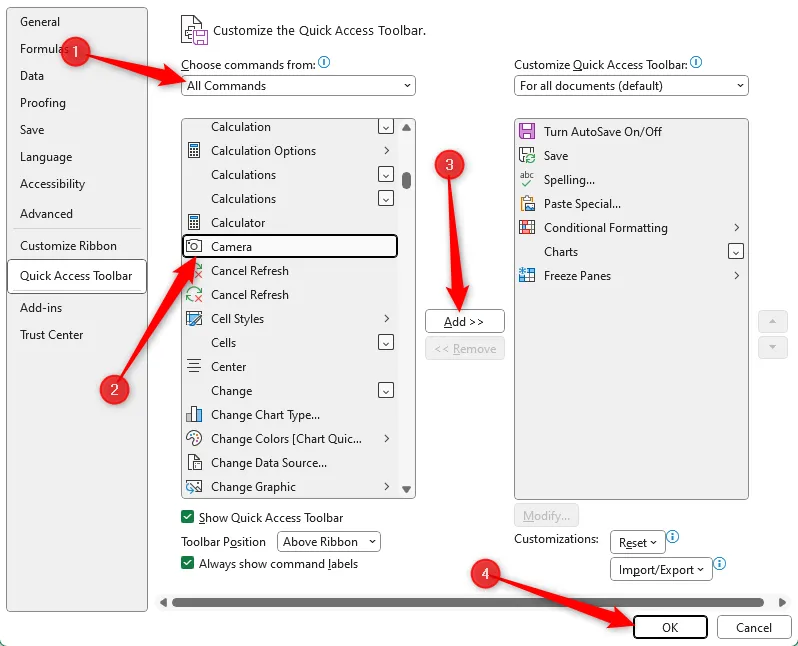 Hộp thoại &quot;Excel Options&quot;, hiển thị các bước để thêm công cụ Camera vào Thanh Truy cập Nhanh (QAT).