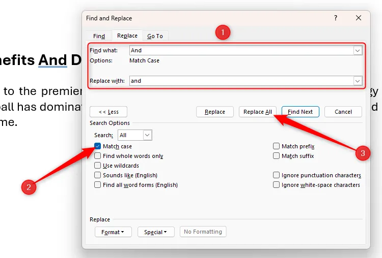 Hộp thoại Find And Replace trong Microsoft Word, với tất cả các trường hợp của &quot;And&quot; và &quot;Of&quot; viết hoa được thay đổi thành chữ thường thông qua tùy chọn Replace All