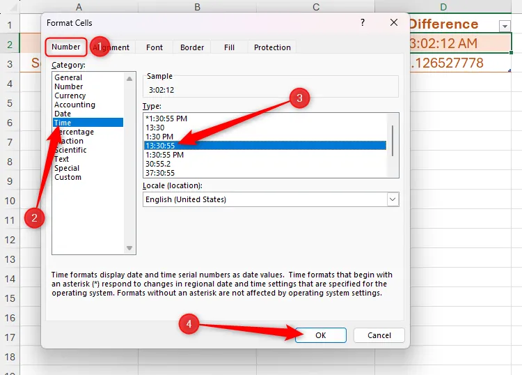 Hộp thoại &quot;Format Cells&quot; trong Excel, chọn định dạng thời gian chỉ hiển thị giờ, phút, giây để loại bỏ AM/PM