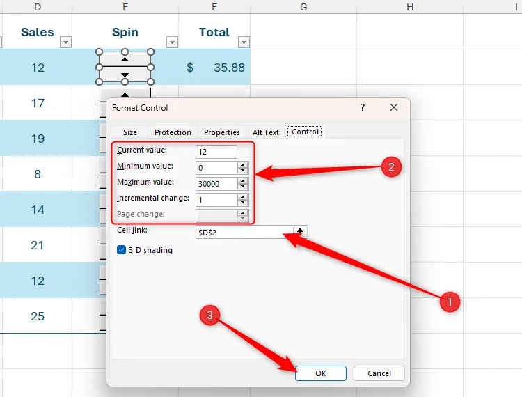 Hộp thoại Format Control liên kết với một nút xoay trong Excel, với mỗi trường được điền theo yêu cầu của người dùng