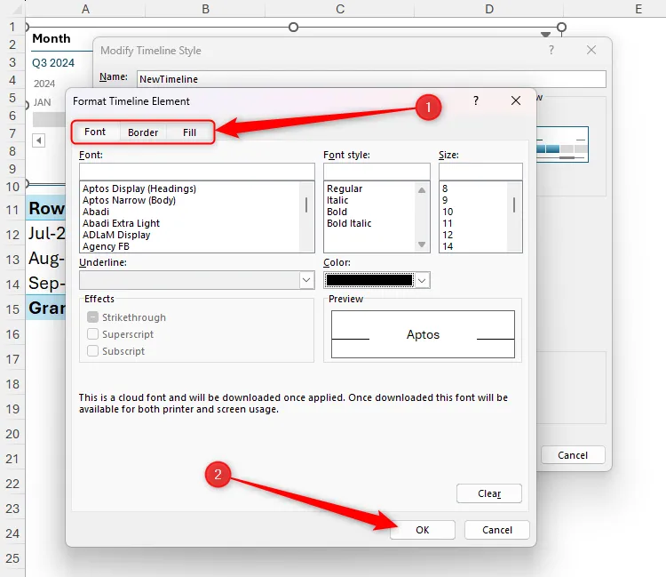 Hộp thoại Format Timeline Element trong Excel, với các tab được đánh dấu và nút OK được chọn.
