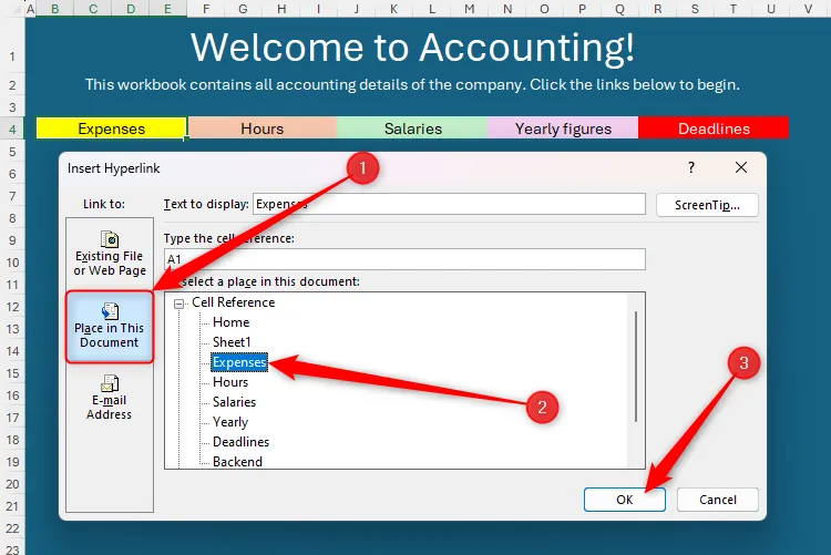 Hộp thoại &quot;Insert Hyperlink&quot; trong Excel, tab &quot;Place In This Document&quot; đang mở, bảng tính &quot;Expenses&quot; được chọn.