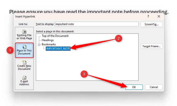 Hộp thoại Insert Hyperlink trong Microsoft Word, với dấu trang nội bộ được chọn để liên kết