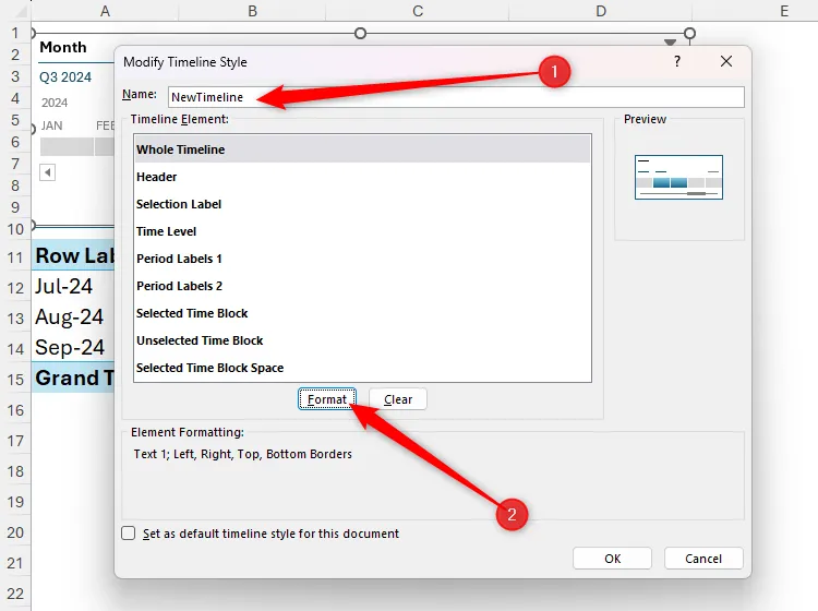 Hộp thoại Modify Timeline Style trong Excel, với trường Name đã được điền và nút Format được chọn.